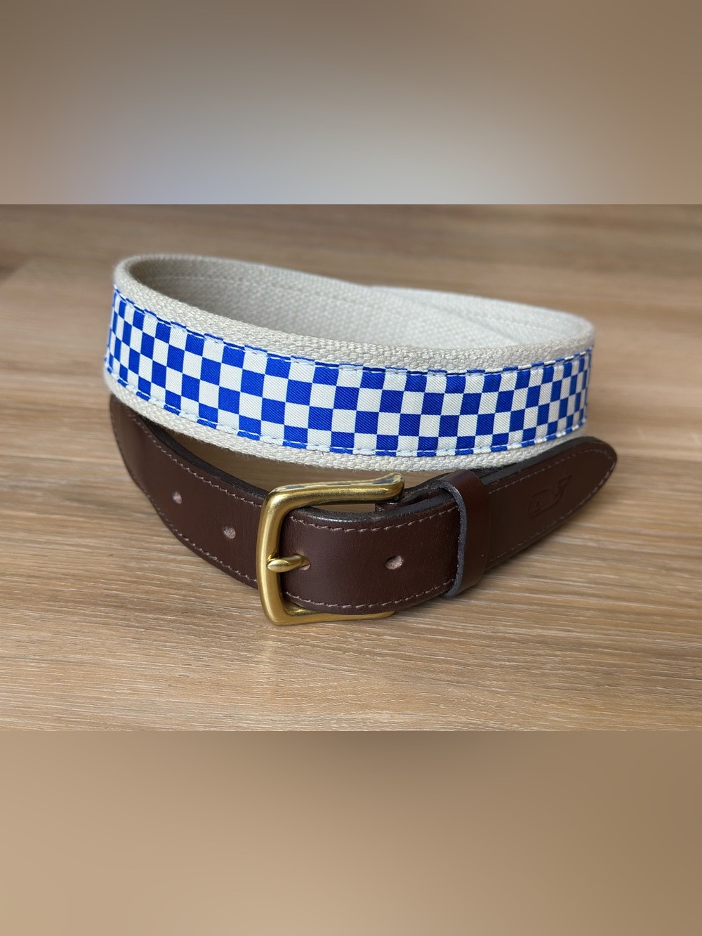 Vineyard Vines Mens Size 40 Belt Canvas Club Blue White Checkered Leather Usa
